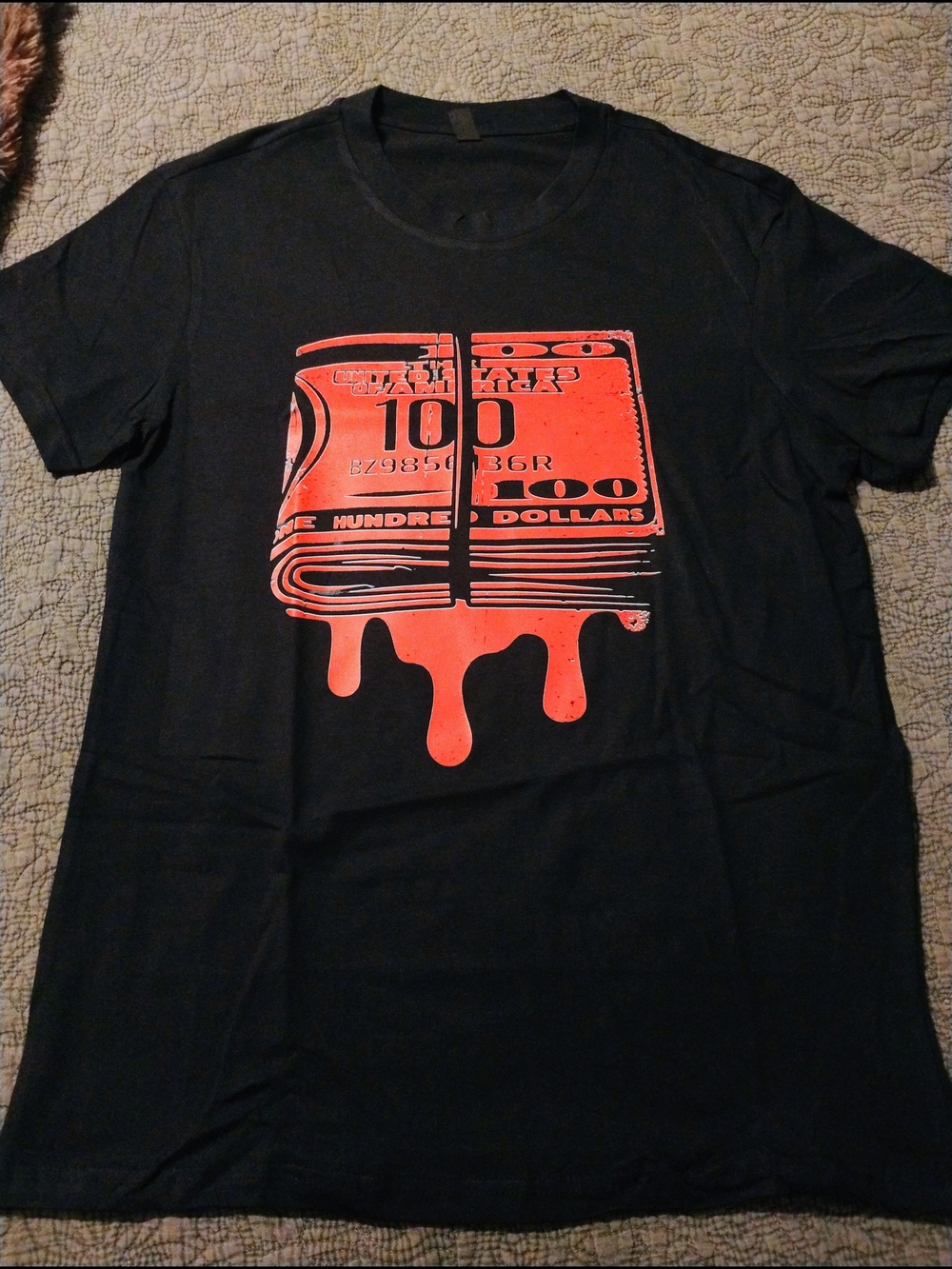 Black Short Sleeve Tee with Red Dripping Money Graphic